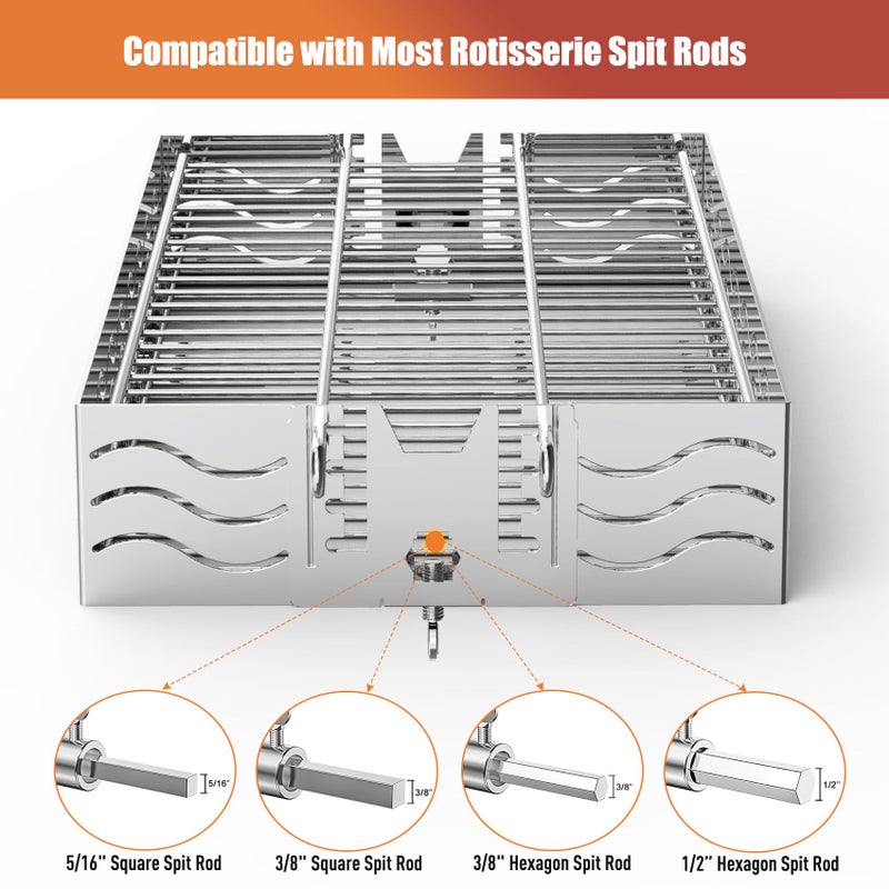 Skyflame Stainless Steel Flat Spit Rotisserie Grill Basket Fits for 5/16 Inch Square, 3/8 Inch Square, 1/2 Inch Hexagon Spit Rods - Image 3